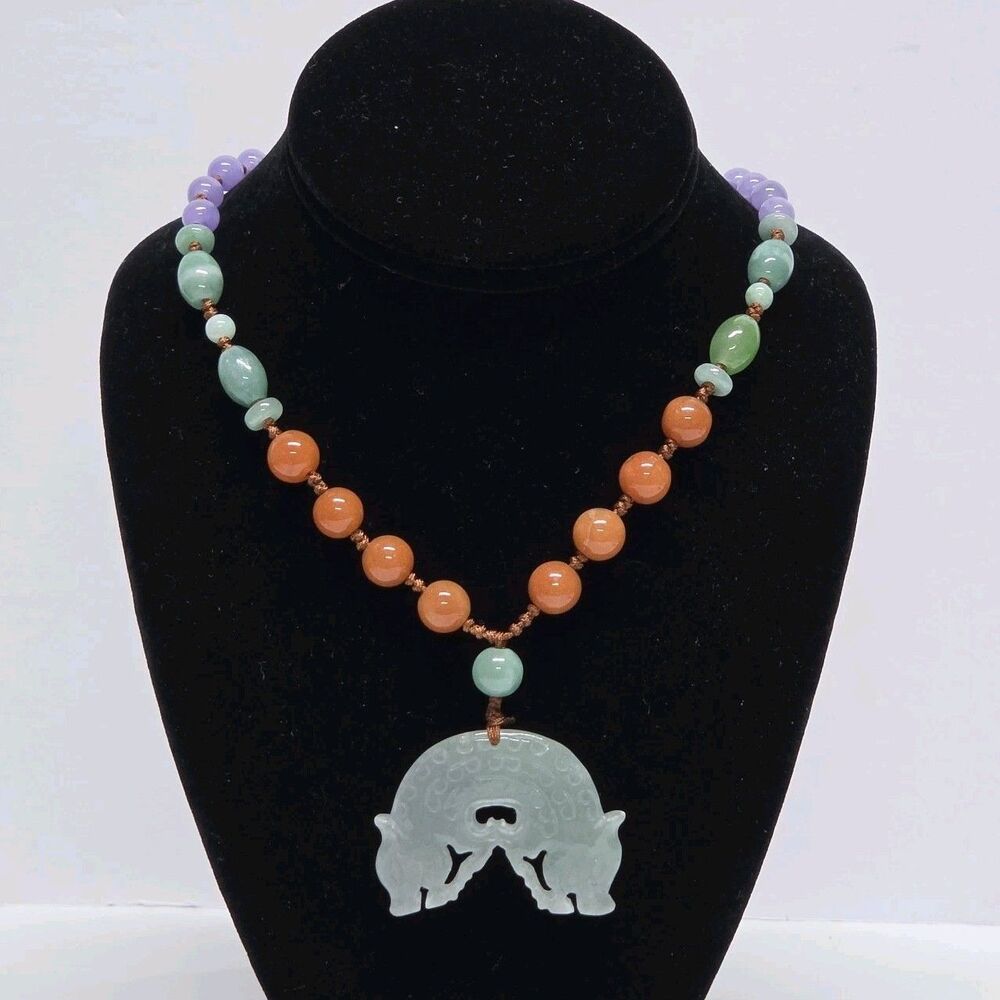 Vintage Multi-Color Jade Bead Necklace With Double Headed Hong Dragon Pendant